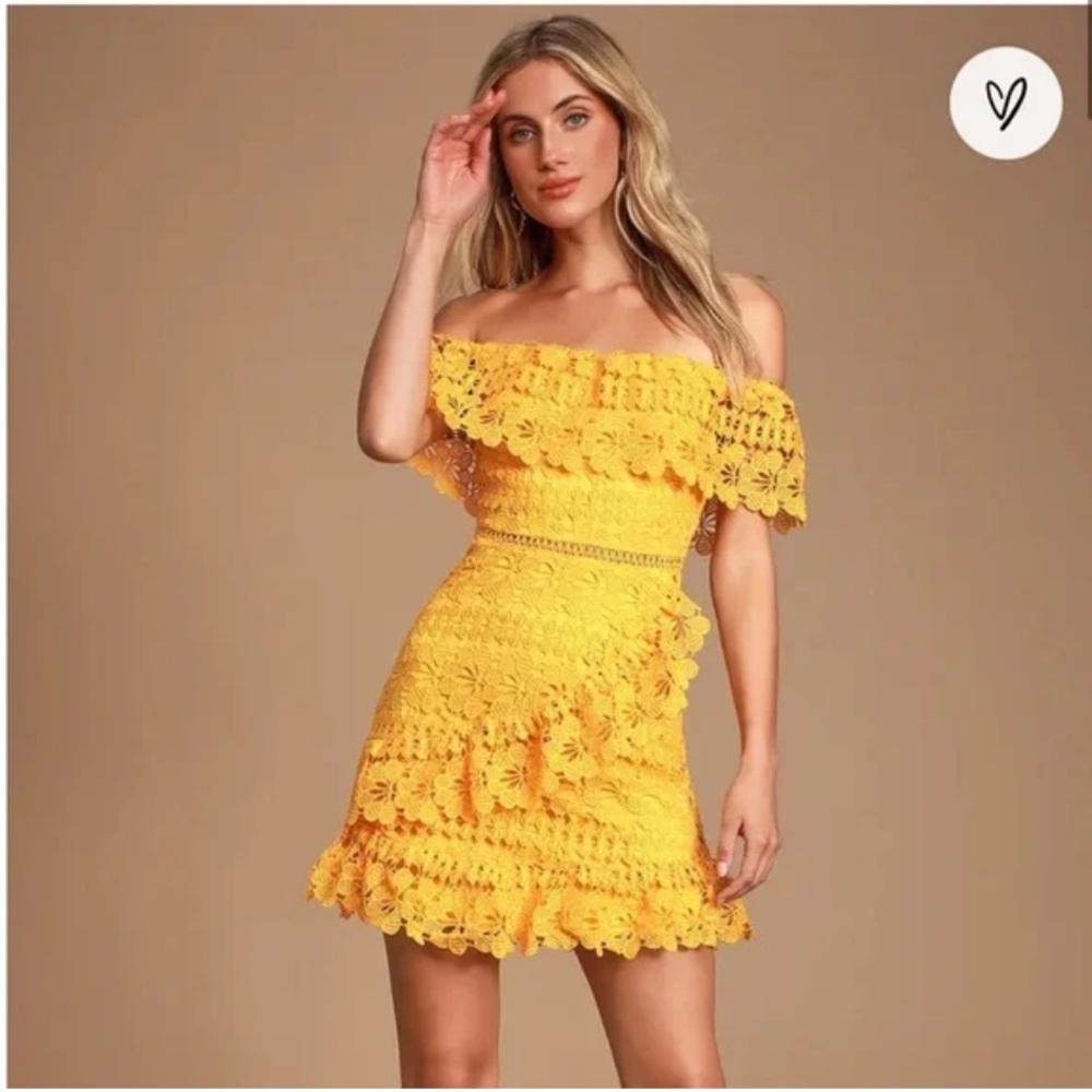 Lulu's Sunny Off-Shoulder Crochet Ruffle Mini Dress